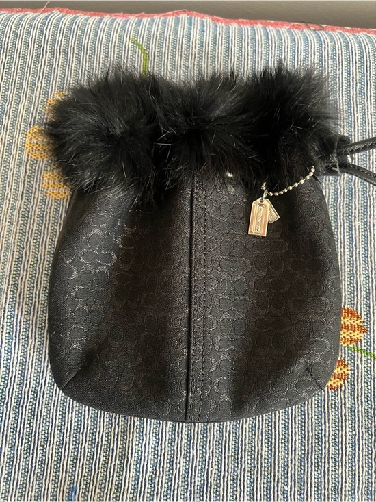 Coach Handbags - Coach Rare Y2K Black Signature Drawstring Pouch with Fur Trim 2003